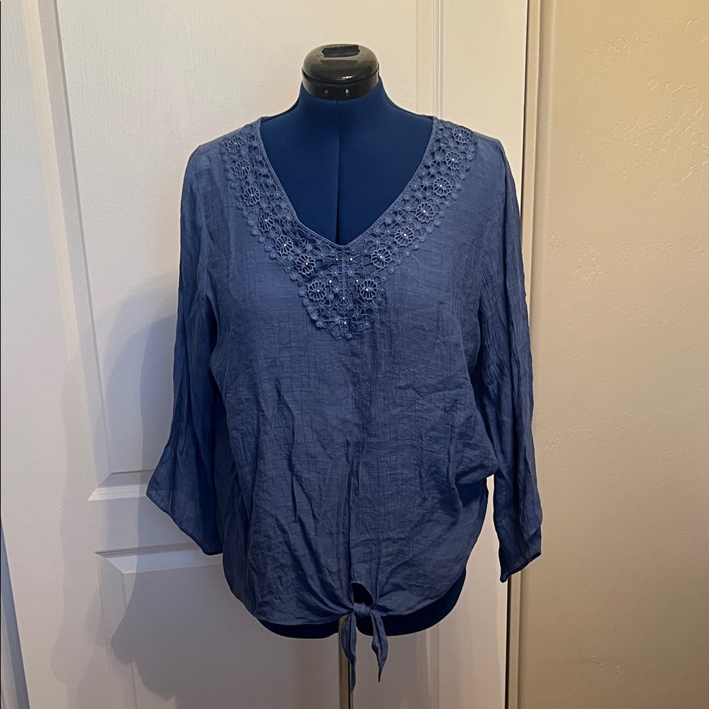 I.N. Studio Navy V-Neck Blouse with Lace